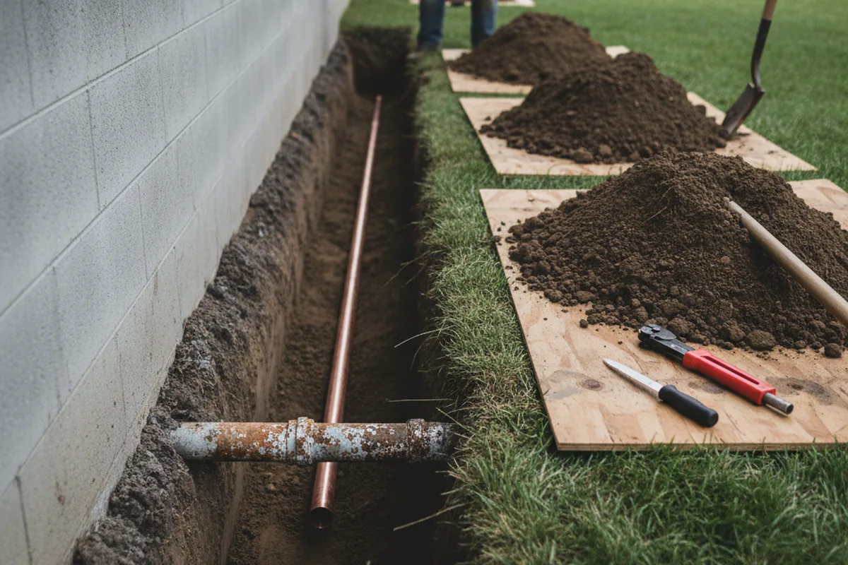 Excavated water line trench during Water Heater Repair in Port Republic